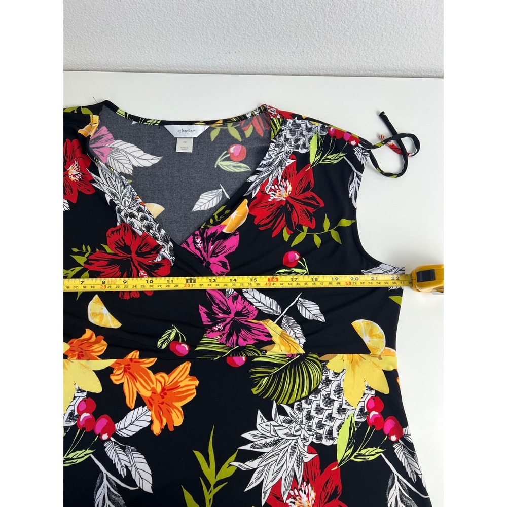 CJ Banks Tropical Floral Midi Dress 1X Black‎ Pineapple Fruit Faux Wrap Cruise - Picture 7 of 9